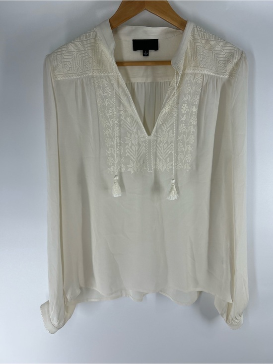 Nili Lotan Tops - Nili Lotan Silk Ivory Embroidered Tassel V-Neck Blouse